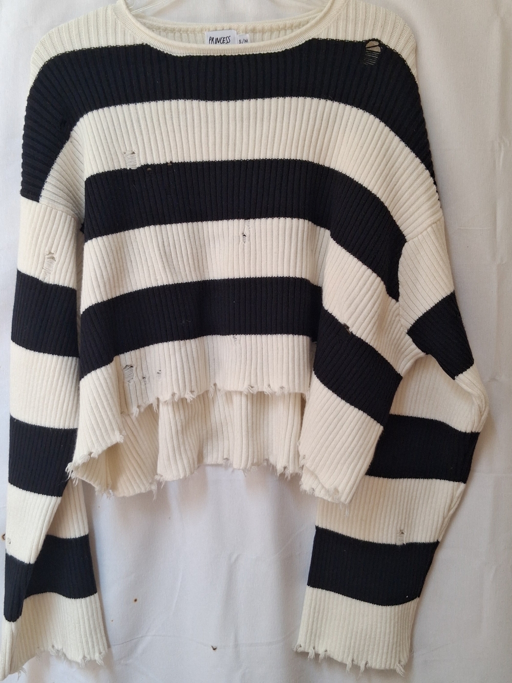 Princess Polly Black & Cream Distressed Striped Rib-Knit Sweater